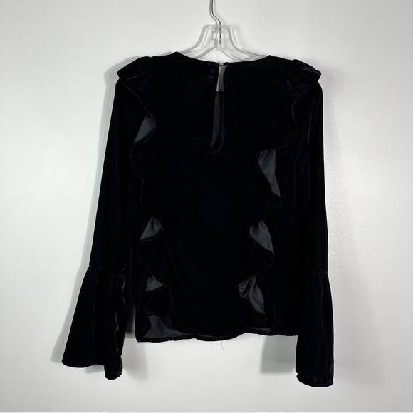 Amaryllis Black Velvet Velour Ruffle Detail Bell Sleeve Keyhole Cutout Blouse XS - Picture 2 of 4